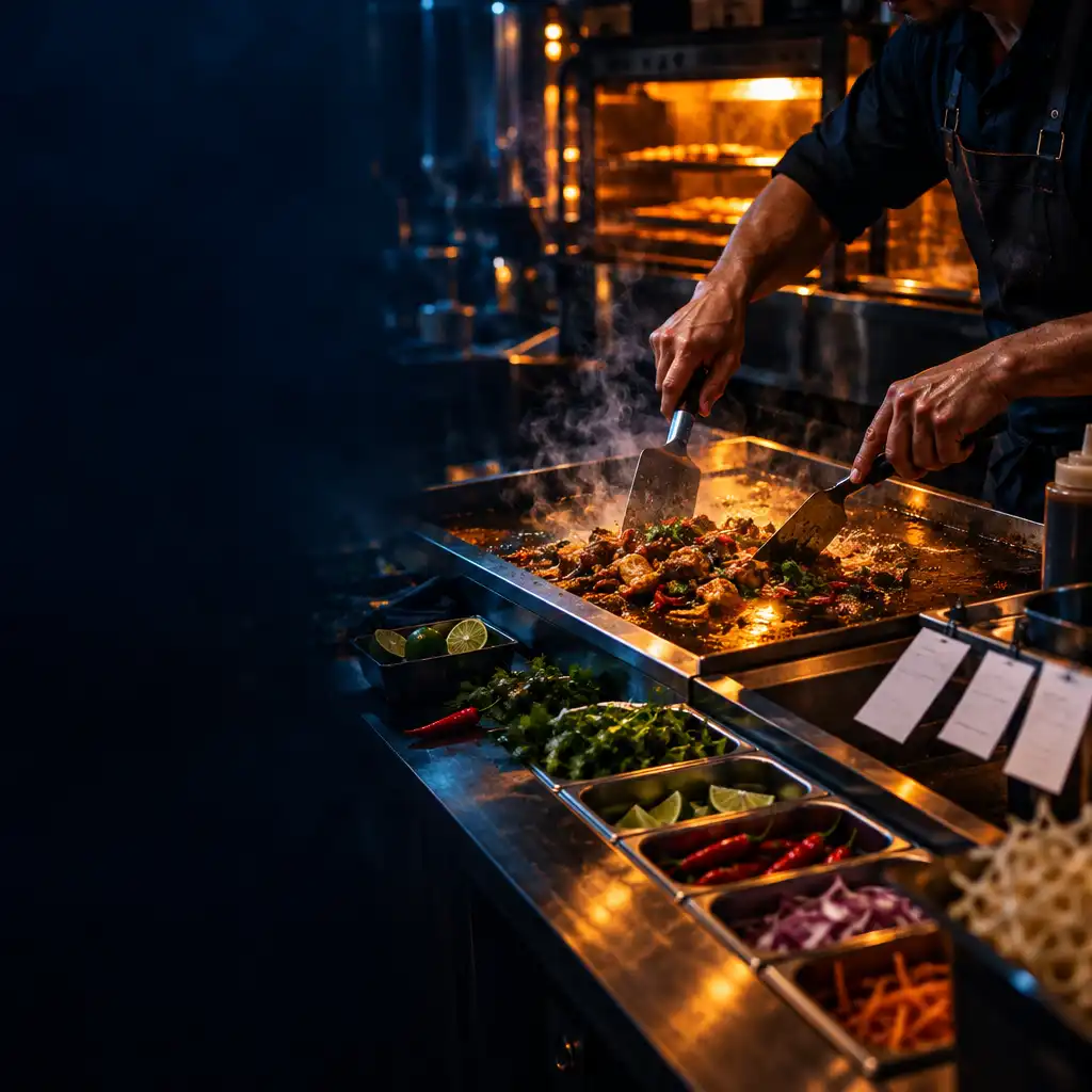 Dłonie przygotowujące zamówienia na gorącej płycie w nocnej kuchni street-food