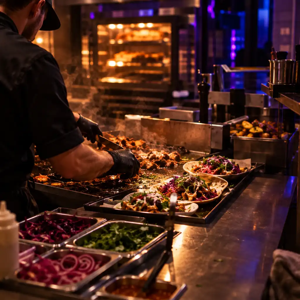 Kucharz pracujący szybko przy ciepło oświetlonym stanowisku street food
