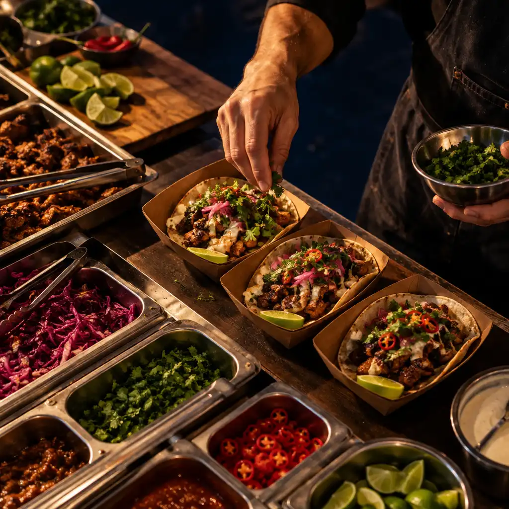 Dłoń kończąca porcję na intensywnie pracującym stanowisku street-foodowym