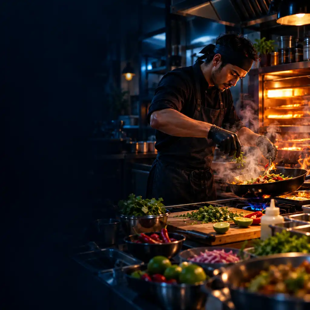 Kucharz szybko pracujący przy gorącym stanowisku street-foodowym w nocnej kuchni