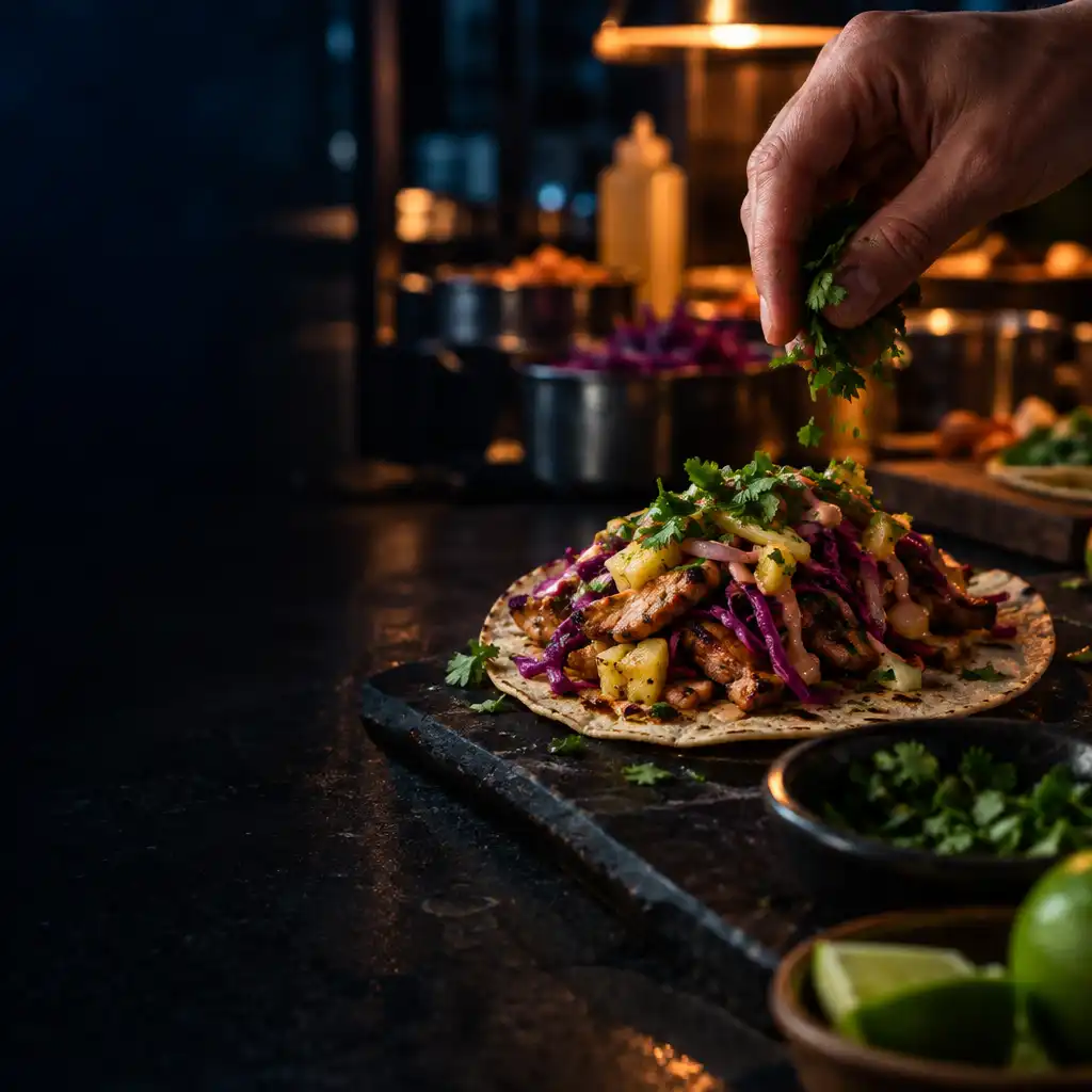 Zbliżenie na dłoń składającą danie street food na ciemnym stanowisku kuchennym