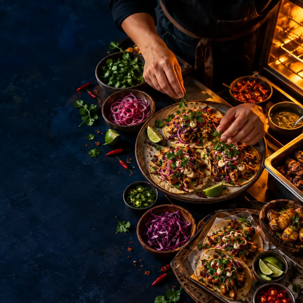 Nocny stół roboczy z przygotowywanymi przekąskami street food