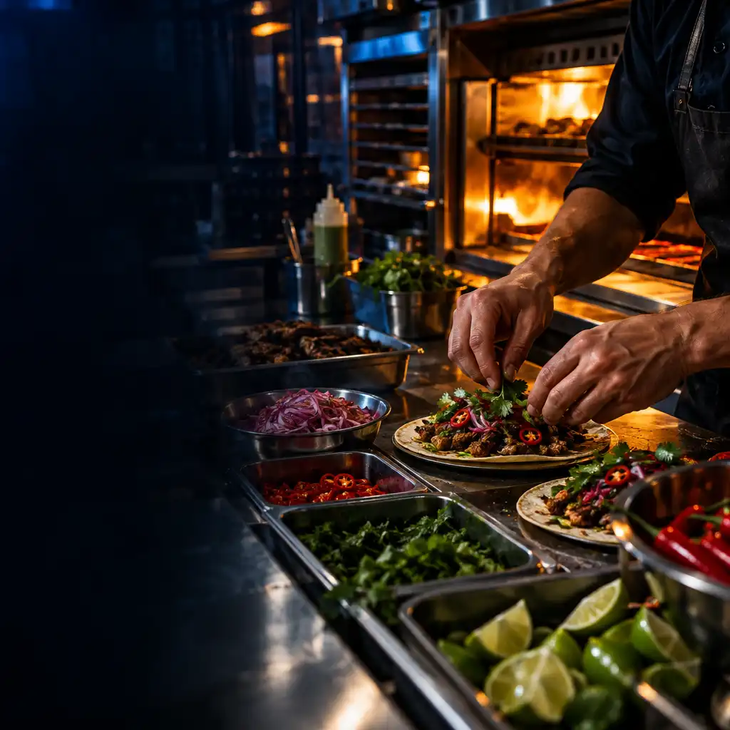 Nocna kuchnia street-food w intensywnym rytmie pracy, z dłońmi przy aktywnym stanowisku
