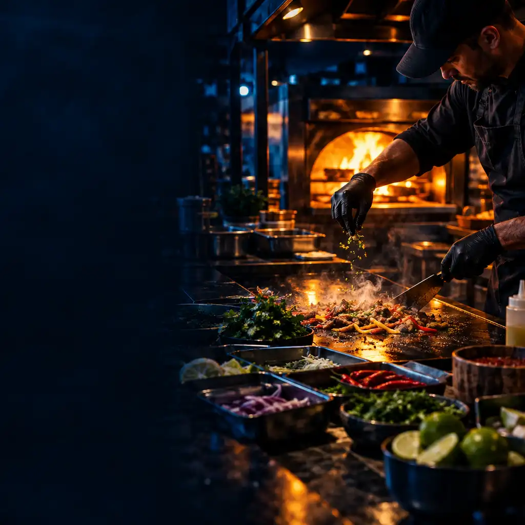 Nocne stanowisko street food z dłońmi kucharza przy gorącej płycie